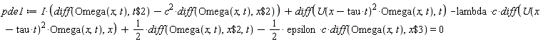 pde1 := I*(diff(Omega(x, t), `$`(t, 2))-c^2*(diff(Omega(x, t), `$`(x, 2))))+diff(U(-t*tau+x)^2*Omega(x, t), t)-lambda*c*(diff(U(-t*tau+x)^2*Omega(x, t), x))+(1/2)*(diff(Omega(x, t), `$`(x, 2), t))-(1/2)*epsilon*c*(diff(Omega(x, t), `$`(x, 3))) = 0