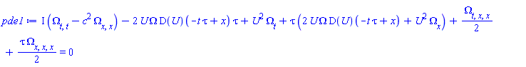 I*(diff(diff(Omega(x, t), t), t)-c^2*(diff(diff(Omega(x, t), x), x)))-2*U(-t*tau+x)*Omega(x, t)*(D(U))(-t*tau+x)*tau+U(-t*tau+x)^2*(diff(Omega(x, t), t))+tau*(2*U(-t*tau+x)*Omega(x, t)*(D(U))(-t*tau+x)+U(-t*tau+x)^2*(diff(Omega(x, t), x)))+(1/2)*(diff(diff(diff(Omega(x, t), t), x), x))+(1/2)*tau*(diff(diff(diff(Omega(x, t), x), x), x)) = 0