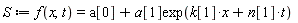 S := f(x, t) = a[0]+a[1]*exp(t*n[1]+x*k[1])