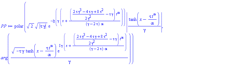 polar(2^(1/2)*abs(tau*gamma)^(1/2)*exp(-Im(gamma*(x+((1/2)*(2*gamma^3*tau-4*gamma*tau+8*tau^2)/gamma^2-tau*gamma)*t^alpha/((gamma-2*tau)*alpha))))*abs(tanh(x-tau*t^alpha/alpha)/gamma), argument((-tau*gamma)^(1/2)*tanh(x-tau*t^alpha/alpha)*exp(I*gamma*(x+((1/2)*(2*gamma^3*tau-4*gamma*tau+8*tau^2)/gamma^2-tau*gamma)*t^alpha/((gamma-2*tau)*alpha)))/gamma))