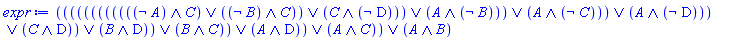 Logic:-`&or`(Logic:-`&or`(Logic:-`&or`(Logic:-`&or`(Logic:-`&or`(Logic:-`&or`(Logic:-`&or`(Logic:-`&or`(Logic:-`&or`(Logic:-`&or`(Logic:-`&or`(Logic:-`&and`(Logic:-`&not`(A), C), Logic:-`&and`(Logic:-`&not`(B), C)), Logic:-`&and`(C, Logic:-`&not`(D))), Logic:-`&and`(A, Logic:-`&not`(B))), Logic:-`&and`(A, Logic:-`&not`(C))), Logic:-`&and`(A, Logic:-`&not`(D))), Logic:-`&and`(C, D)), Logic:-`&and`(B, D)), Logic:-`&and`(B, C)), Logic:-`&and`(A, D)), Logic:-`&and`(A, C)), Logic:-`&and`(A, B))