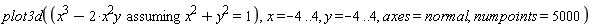 plot3d(`assuming`([x^3-2*x^2*y], [x^2+y^2 = 1]), x = -4 .. 4, y = -4 .. 4, axes = normal, numpoints = 5000)