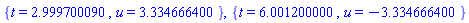 {t = 2.999700090, u = 3.334666400}, {t = 6.001200000, u = -3.334666400}