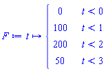 proc (t) options operator, arrow; piecewise(t < 0, 0, t < 1, 100, t < 2, 200, t < 3, 50) end proc