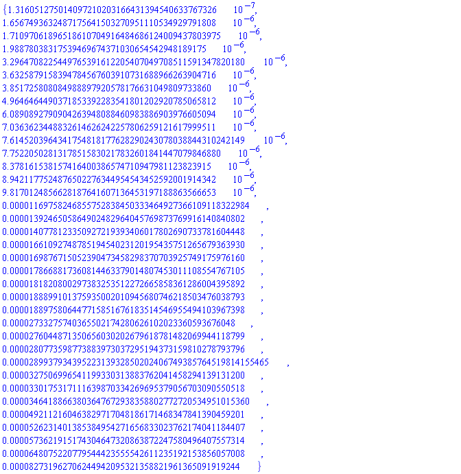 {0.1316051275014097210203166431394540633767326e-6, 0.16567493632487175641503270951110534929791808e-5, 0.171097061896518610704916484686124009437803975e-5, 0.198878038317539469674371030654542948189175e-5, 0.32964708225449765391612205407049708511591347820180e-5, 0.36325879158394784567603910731688966263904716e-5, 0.3851725808084988897920578176631049809733860e-5, 0.49646464490371853392283541801202920785065812e-5, 0.60890892790904263948088460983886903976605094e-5, 0.70363623448832614626242257806259121617999511e-5, 0.76145203964341754818177628290243078038844310242149e-5, 0.775220502813178515830217832601841447079846880e-5, 0.8378161538157416400386574710947981123823915e-5, 0.89421177524876502276344954543452592001914342e-5, 0.98170124856628187641607136453197188863566653e-5, 0.1169758246855752838450333464927366109118322984e-4, 0.139246505864902482964045769873769916140840802e-4, 0.140778123350927219393406017802690733781604448e-4, 0.166109274878519454023120195435751265679363930e-4, 0.169876715052390473458298370703925749175976160e-4, 0.178668817360814463379014807453011108554767105e-4, 0.181820800297383253512272665858361286004395892e-4, 0.188899101375935002010945680746218503476038793e-4, 0.188975806447715851676183514546955494103967398e-4, 0.2733275740365502174280626102023360593676048e-4, 0.276044871350656030202679618781482069944118799e-4, 0.280773598773883973037295194373159810278793796e-4, 0.28993793439522313932850202406749385764519814155465e-4, 0.327506996541199330313883762041458294139131200e-4, 0.330175317111639870334269695379056703090550518e-4, 0.3464188663803647672938358802772720534951015360e-4, 0.492112160463829717048186171468347841390459201e-4, 0.526231401385384954271656833023762174041184407e-4, 0.573621915174304647320863872247580496407557314e-4, 0.648075220779544423555542611235192153856057008e-4, 0.82731962706244942095321358821961365091919244e-4}