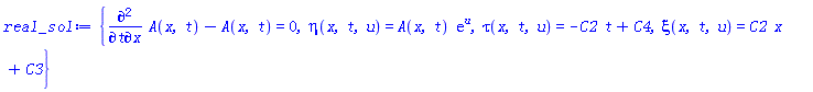 {diff(diff(A(x, t), t), x)-A(x, t) = 0, eta(x, t, u) = A(x, t)*exp(u), tau(x, t, u) = -C2*t+C4, xi(x, t, u) = C2*x+C3}