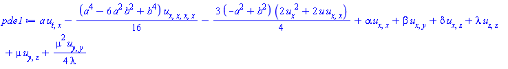 a*(diff(diff(u(x, y, z, t), t), x))-(1/16)*(a^4-6*a^2*b^2+b^4)*(diff(diff(diff(diff(u(x, y, z, t), x), x), x), x))-(3/4)*(-a^2+b^2)*(2*(diff(u(x, y, z, t), x))^2+2*u(x, y, z, t)*(diff(diff(u(x, y, z, t), x), x)))+alpha*(diff(diff(u(x, y, z, t), x), x))+beta*(diff(diff(u(x, y, z, t), x), y))+delta*(diff(diff(u(x, y, z, t), x), z))+lambda*(diff(diff(u(x, y, z, t), z), z))+mu*(diff(diff(u(x, y, z, t), y), z))+(1/4)*mu^2*(diff(diff(u(x, y, z, t), y), y))/lambda