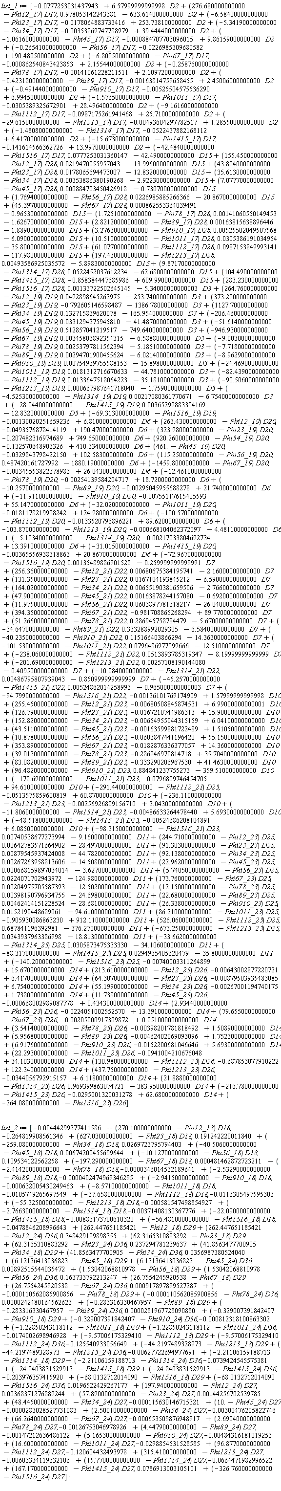 list_1 := [-0.777253031437943e-1+6.57999999999998*D2+(276.680000000000-Phi12_17)*D17, .978053142243381-633.614000000000*D2+(-6.58400000000000-Phi23_17)*D17, -0.178064883733416e-1+253.738100000000*D2+(-5.34190000000000-Phi34_17)*D17, -0.353869747788979e-2+39.4444000000000*D2+(-1.06160000000000-Phi45_17)*D17, -0.884707703096015e-3+9.86159000000000*D2+(-.265410000000000-Phi56_17)*D17, -0.226985309680582e-1+190.480500000000*D2+(-6.80950000000000-Phi67_17)*D17, -0.862540843423853e-3+2.15544000000000*D2+(-.258760000000000-Phi78_17)*D17, -0.141061228211511e-2+2.10972000000000*D2+(-.423180000000000-Phi89_17)*D17, -0.163814759658455e-2+2.45006000000000*D2+(-.491440000000000-Phi910_17)*D17, -0.525504575536290e-2+6.99450000000000*D2+(-1.57650000000000-Phi1011_17)*D17, -0.305389325672901e-1+28.4964000000000*D2+(-9.16160000000000-Phi1112_17)*D17, -0.987175261941468e-1+25.7100000000000*D2+(-29.6150000000000-Phi1213_17)*D17, -0.493604297782517e-2+1.28550000000000*D2+(-1.48080000000000-Phi1314_17)*D17, -0.522437882168112e-1+6.41700000000000*D2+(-15.6730000000000-Phi1415_17)*D17, -.141614566362726+13.9970000000000*D2+(-42.4840000000000-Phi1516_17)*D17, 0.777253031360147e-1-42.4900000000000*D15+(155.450000000000-Phi12_17)*D28, 0.219470855957043e-1-13.9960000000000*D15+(43.8940000000000-Phi23_17)*D28, 0.178065694473007e-1-12.8320000000000*D15+(35.6130000000000-Phi34_17)*D28, 0.353886380190268e-2-2.92230000000000*D15+(7.07770000000000-Phi45_17)*D28, 0.884703450426918e-3-.730700000000000*D15+(1.76940000000000-Phi56_17)*D28, 0.226985885266366e-1-20.8670000000000*D15+(45.3970000000000-Phi67_17)*D28, 0.862553364039491e-3-.965300000000000*D15+(1.72510000000000-Phi78_17)*D28, 0.141060550149453e-2-1.62670000000000*D15+(2.82120000000000-Phi89_17)*D28, 0.163815638896446e-2-1.88900000000000*D15+(3.27630000000000-Phi910_17)*D28, 0.525502049507568e-2-6.09000000000000*D15+(10.5100000000000-Phi1011_17)*D28, 0.305386191034954e-1-35.8000000000000*D15+(61.0770000000000-Phi1112_17)*D28, 0.987153849993141e-1-117.980000000000*D15+(197.430000000000-Phi1213_17)*D28, 0.493586925035572e-2-5.89830000000000*D15+(9.87170000000000-Phi1314_17)*D28, 0.522452037612234e-1-62.6800000000000*D15+(104.490000000000-Phi1415_17)*D28, -.858384447685986+609.990000000000*D15+(283.230000000000-Phi1516_17)*D28, 0.133722502645145e-2-5.34000000000003*D3+(264.760000000000-Phi12_19)*D19, 0.492898645263975e-1-253.740000000000*D3+(373.290000000000-Phi23_19)*D19, -.792605146598487+1386.78000000000*D3+(1127.70000000000-Phi34_19)*D19, .132715839620078-165.954000000000*D3+(-206.460000000000-Phi45_19)*D19, 0.331294375945810e-1-41.4870000000000*D3+(-51.6140000000000-Phi56_19)*D19, .512857041219517-749.640000000000*D3+(-946.930000000000-Phi67_19)*D19, 0.345803892354315e-2-6.58880000000000*D3+(-9.00300000000000-Phi78_19)*D19, 0.253797811562394e-2-5.18510000000000*D3+(-7.71800000000000-Phi89_19)*D19, 0.294701900455624e-2-6.02140000000000*D3+(-8.96290000000000-Phi910_19)*D19, 0.754969755588153e-2-15.8980000000000*D3+(-24.4690000000000-Phi1011_19)*D19, 0.181312716670633e-1-44.7810000000000*D3+(-82.4390000000000-Phi1112_19)*D19, 0.133647518064223e-1-35.1810000000000*D3+(-90.5060000000000-Phi1213_19)*D19, 0.667987641718040e-3-1.75900000000000*D3+(-4.52530000000000-Phi1314_19)*D19, 0.217080361770671e-2-6.75400000000000*D3+(-28.8440000000000-Phi1415_19)*D19, 0.365299883394169e-2-12.8320000000000*D3+(-69.3130000000000-Phi1516_19)*D19, -0.130020251659236e-2+6.81000000000000*D6+(263.430000000000-Phi12_19)*D20, -0.493576878414119e-1+190.470000000000*D6+(323.980000000000-Phi23_19)*D20, -.207482316974689+749.650000000000*D6+(920.260000000000-Phi34_19)*D20, -.132570648903326+410.334000000000*D6+(461.-Phi45_19)*D20, -0.329843798422150e-1+102.583000000000*D6+(115.250000000000-Phi56_19)*D20, .487420161727992-1880.19000000000*D6+(-1459.80000000000-Phi67_19)*D20, -0.345553822678983e-2+26.0430000000000*D6+(-12.4610000000000-Phi78_19)*D20, -0.254139584204717e-2+18.7200000000000*D6+(-10.2570000000000-Phi89_19)*D20, -0.295045955688278e-2+21.7400000000000*D6+(-11.9110000000000-Phi910_19)*D20, -0.755117615405593e-2+55.1470000000000*D6+(-32.0200000000000-Phi1011_19)*D20, -0.181178219908242e-1+124.980000000000*D6+(-100.570000000000-Phi1112_19)*D20, -0.133520796896221e-1+89.6200000000000*D6+(-103.870000000000-Phi1213_19)*D20, -0.668104062372097e-3+4.48110000000000*D6+(-5.19340000000000-Phi1314_19)*D20, -0.217033804692734e-2+13.3910000000000*D6+(-31.0150000000000-Phi1415_19)*D20, -0.365556938318863e-2+20.8670000000000*D6+(-72.9670000000000-Phi1516_19)*D20, 0.135489886901528e-2-.259999999999991*D7+(256.360000000000-Phi12_21)*D22, 0.680675384195741e-2-2.16000000000000*D7+(131.350000000000-Phi23_21)*D22, 0.167104193845212e-1-6.59000000000000*D7+(164.020000000000-Phi34_21)*D22, 0.655190381659506e-2-2.76600000000000*D7+(47.9000000000000-Phi45_21)*D22, 0.163878244157080e-2-.692000000000000*D7+(11.9750000000000-Phi56_21)*D22, 0.603897781618217e-1-26.0400000000000*D7+(394.350000000000-Phi67_21)*D22, -.981708865268294+89.7700000000000*D7+(51.2660000000000-Phi78_21)*D22, .286945758784479-5.67000000000000*D7+(-34.6470000000000-Phi89_21)*D22, .333288992029305-6.58400000000000*D7+(-40.2350000000000-Phi910_21)*D22, .115166403866294-14.3630000000000*D7+(-101.530000000000-Phi1011_21)*D22, 0.796486977999666e-1-12.5100000000000*D7+(-238.060000000000-Phi1112_21)*D22, 0.513893785319347e-1-8.19999999999999*D7+(-201.690000000000-Phi1213_21)*D22, 0.257108190144080e-2-.409500000000000*D7+(-10.0840000000000-Phi1314_21)*D22, 0.486795807939043e-2-.850999999999999*D7+(-45.2570000000000-Phi1415_21)*D22, 0.524862014258993e-2-.965000000000003*D7+(-94.7990000000000-Phi1516_21)*D22, -0.136101769174909e-2+1.57999999999998*D10+(255.450000000000-Phi12_21)*D23, -0.680508845874531e-2+6.99000000000001*D10+(126.790000000000-Phi23_21)*D23, -0.167210744986313e-1+15.9000000000000*D10+(152.820000000000-Phi34_21)*D23, -0.654955044315159e-2+6.04100000000000*D10+(43.5110000000000-Phi45_21)*D23, -0.163599881722489e-2+1.51050000000000*D10+(10.8780000000000-Phi56_21)*D23, -0.603847441196420e-1+55.1500000000000*D10+(353.890000000000-Phi67_21)*D23, -0.182876336377057e-1+14.3600000000000*D10+(39.0120000000000-Phi78_21)*D23, -.286946970814718+35.7040000000000*D10+(83.0820000000000-Phi89_21)*D23, -.333290206967530+41.4630000000000*D10+(96.4820000000000-Phi910_21)*D23, .884841237755273-359.510000000000*D10+(-178.690000000000-Phi1011_21)*D23, -0.796889746454705e-1+94.6100000000000*D10+(-291.440000000000-Phi1112_21)*D23, -0.513575859600819e-1+60.8700000000000*D10+(-236.110000000000-Phi1213_21)*D23, -0.256926809156710e-2+3.04300000000000*D10+(-11.8060000000000-Phi1314_21)*D23, -0.486633264478440e-2+5.69300000000000*D10+(-48.5180000000000-Phi1415_21)*D23, -0.524686208104891e-2+6.08500000000001*D10+(-98.3150000000000-Phi1516_21)*D23, 0.740538677273994e-2-9.16000000000000*D11+(244.710000000000-Phi12_23)*D25, 0.642783571664902e-2-28.4970000000000*D11+(91.3030000000000-Phi23_23)*D25, 0.879545937424008e-2-44.7820000000000*D11+(92.1380000000000-Phi34_23)*D25, 0.267263958813606e-2-14.5080000000000*D11+(22.9620000000000-Phi45_23)*D25, 0.668159897034014e-3-3.62700000000000*D11+(5.74050000000000-Phi56_23)*D25, 0.224071702943972e-1-124.980000000000*D11+(173.760000000000-Phi67_23)*D25, 0.204975705587393e-2-12.5020000000000*D11+(12.1500000000000-Phi78_23)*D25, 0.398190796934755e-2-24.6980000000000*D11+(22.6800000000000-Phi89_23)*D25, 0.462414151228524e-2-28.6810000000000*D11+(26.3380000000000-Phi910_23)*D25, 0.152190448689061e-1-94.6100000000000*D11+(86.2100000000000-Phi1011_23)*D25, -.905930086863230+912.110000000000*D11+(526.060000000000-Phi1112_23)*D25, .687841196392981-376.270000000000*D11+(-673.250000000000-Phi1213_23)*D25, 0.343937963386998e-1-18.8130000000000*D11+(-33.6620000000000-Phi1314_23)*D25, 0.305873475333330e-1-34.1060000000000*D11+(-88.3170000000000-Phi1415_23)*D25, 0.294965405620479e-1-35.8000000000000*D11+(-140.200000000000-Phi1516_23)*D25, -0.740003311264899e-2+15.6700000000000*D14+(213.610000000000-Phi12_23)*D26, -0.643002877220721e-2+6.41700000000000*D14+(64.3070000000000-Phi23_23)*D26, -0.879503935483085e-2+6.75400000000000*D14+(55.1990000000000-Phi34_23)*D26, -0.267001194740175e-2+1.73800000000000*D14+(11.7380000000000-Phi45_23)*D26, -0.668002989087778e-3+.434300000000000*D14+(2.93440000000000-Phi56_23)*D26, -0.224051002552570e-1+13.3910000000000*D14+(79.6550000000000-Phi67_23)*D26, -0.205000917309872e-2+.851000000000000*D14+(3.54140000000000-Phi78_23)*D26, -0.398201781818492e-2+1.50890000000000*D14+(5.95680000000000-Phi89_23)*D26, -0.462402069093096e-2+1.75230000000000*D14+(6.91760000000000-Phi910_23)*D26, -0.152200681046646e-1+5.69300000000000*D14+(22.2930000000000-Phi1011_23)*D26, -0.941004210676048e-1+34.1030000000000*D14+(130.980000000000-Phi1112_23)*D26, -.687853077910222+122.340000000000*D14+(437.750000000000-Phi1213_23)*D26, -0.344056792915157e-1+6.11800000000000*D14+(21.8880000000000-Phi1314_23)*D26, .969399863074721-383.950000000000*D14+(-216.780000000000-Phi1415_23)*D26, -0.295001320031278e-1+62.6800000000000*D14+(-264.080000000000-Phi1516_23)*D26]: