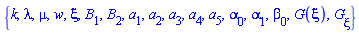 {k, lambda, mu, w, xi, B[1], B[2], a[1], a[2], a[3], a[4], a[5], alpha[0], alpha[1], beta[0], G(xi), diff(G(xi), xi)}