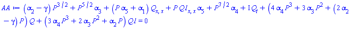 (alpha[2]-gamma)*P^(3/2)+P^(5/2)*alpha[3]+(P*alpha[5]+alpha[1])*(diff(diff(Q(x, t), x), x))+P*(diff(diff(Q1(x, t), x), x))*alpha[5]+P^(7/2)*alpha[4]+I*(diff(Q(x, t), t))+(4*alpha[4]*P^3+3*alpha[3]*P^2+(2*alpha[2]-gamma)*P)*Q(x, t)+(3*P^3*alpha[4]+2*P^2*alpha[3]+P*alpha[2])*Q1(x, t) = 0