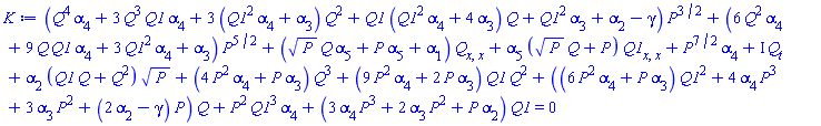 (Q(x, t)^4*alpha[4]+3*Q(x, t)^3*Q1(x, t)*alpha[4]+3*(Q1(x, t)^2*alpha[4]+alpha[3])*Q(x, t)^2+Q1(x, t)*(Q1(x, t)^2*alpha[4]+4*alpha[3])*Q(x, t)+Q1(x, t)^2*alpha[3]+alpha[2]-gamma)*P^(3/2)+(6*Q(x, t)^2*alpha[4]+9*Q(x, t)*Q1(x, t)*alpha[4]+3*Q1(x, t)^2*alpha[4]+alpha[3])*P^(5/2)+(P^(1/2)*Q(x, t)*alpha[5]+P*alpha[5]+alpha[1])*(diff(diff(Q(x, t), x), x))+alpha[5]*(P^(1/2)*Q(x, t)+P)*(diff(diff(Q1(x, t), x), x))+P^(7/2)*alpha[4]+I*(diff(Q(x, t), t))+alpha[2]*(Q1(x, t)*Q(x, t)+Q(x, t)^2)*P^(1/2)+(4*P^2*alpha[4]+P*alpha[3])*Q(x, t)^3+(9*P^2*alpha[4]+2*P*alpha[3])*Q1(x, t)*Q(x, t)^2+((6*P^2*alpha[4]+P*alpha[3])*Q1(x, t)^2+4*alpha[4]*P^3+3*alpha[3]*P^2+(2*alpha[2]-gamma)*P)*Q(x, t)+P^2*Q1(x, t)^3*alpha[4]+(3*P^3*alpha[4]+2*P^2*alpha[3]+P*alpha[2])*Q1(x, t) = 0