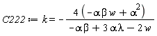 C222 := k = -(4*(-alpha*beta*w+alpha^2))/(-alpha*beta+3*alpha*lambda-2*w)