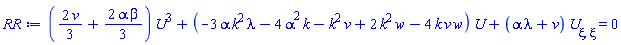 ((2/3)*v+(2/3)*alpha*beta)*U(xi)^3+(-3*alpha*k^2*lambda-4*alpha^2*k-k^2*v+2*k^2*w-4*k*v*w)*U(xi)+(alpha*lambda+v)*(diff(diff(U(xi), xi), xi)) = 0