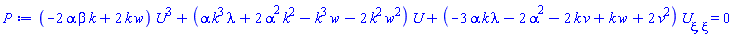 (-2*alpha*beta*k+2*k*w)*U(xi)^3+(alpha*k^3*lambda+2*alpha^2*k^2-k^3*w-2*k^2*w^2)*U(xi)+(-3*alpha*k*lambda-2*alpha^2-2*k*v+k*w+2*v^2)*(diff(diff(U(xi), xi), xi)) = 0