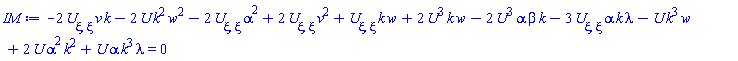 -2*(diff(diff(U(xi), xi), xi))*v*k-2*U(xi)*k^2*w^2-2*(diff(diff(U(xi), xi), xi))*alpha^2+2*(diff(diff(U(xi), xi), xi))*v^2+(diff(diff(U(xi), xi), xi))*k*w+2*U(xi)^3*k*w-2*U(xi)^3*alpha*beta*k-3*(diff(diff(U(xi), xi), xi))*alpha*k*lambda-U(xi)*k^3*w+2*U(xi)*alpha^2*k^2+U(xi)*alpha*k^3*lambda = 0