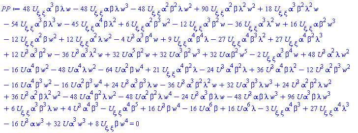 -24*U(xi)^3*alpha^4*beta^2*lambda+36*U(xi)^3*alpha^4*beta*lambda^2-12*U(xi)^3*alpha^2*beta^3*w^2-16*U(xi)*alpha^4*beta^3*w^2-16*U(xi)*alpha^2*beta^3*w^4+9*(diff(diff(U(xi), xi), xi))*alpha^4*beta^4*lambda-27*(diff(diff(U(xi), xi), xi))*alpha^4*beta^3*lambda^2+27*(diff(diff(U(xi), xi), xi))*alpha^4*beta^2*lambda^3+12*U(xi)^3*alpha^3*beta^2*w-36*U(xi)^3*alpha^3*lambda^2*w+32*U(xi)*alpha^5*beta^2*w+32*U(xi)*alpha^3*beta^2*w^3+32*U(xi)*alpha*beta^2*w^5-2*(diff(diff(U(xi), xi), xi))*alpha^3*beta^4*w+48*U(xi)^3*alpha^2*lambda*w^2-16*U(xi)*alpha^4*beta*w^2-48*U(xi)*alpha^4*lambda*w^2-64*U(xi)*alpha^2*beta*w^4+21*(diff(diff(U(xi), xi), xi))*alpha^4*beta^2*lambda-45*(diff(diff(U(xi), xi), xi))*alpha^4*beta*lambda^2+6*(diff(diff(U(xi), xi), xi))*alpha^2*beta^3*w^2-12*(diff(diff(U(xi), xi), xi))*alpha^3*beta^2*w-36*(diff(diff(U(xi), xi), xi))*alpha^3*lambda^2*w+16*(diff(diff(U(xi), xi), xi))*alpha*beta^2*w^3-12*(diff(diff(U(xi), xi), xi))*alpha^2*beta*w^2+12*(diff(diff(U(xi), xi), xi))*alpha^2*lambda*w^2-4*U(xi)^3*alpha^3*beta^4*w+24*U(xi)^3*alpha^3*beta^3*lambda*w-36*U(xi)^3*alpha^3*beta^2*lambda^2*w+32*U(xi)*alpha^3*beta^3*lambda*w^3+24*U(xi)^3*alpha^2*beta^2*lambda*w^2+36*U(xi)^3*alpha^2*beta*lambda^2*w^2-48*U(xi)*alpha^4*beta^2*lambda*w^2-48*U(xi)*alpha^2*beta^2*lambda*w^4-24*U(xi)^3*alpha^3*beta*lambda*w-48*U(xi)^3*alpha*beta*lambda*w^3+96*U(xi)*alpha^3*beta*lambda*w^3+6*(diff(diff(U(xi), xi), xi))*alpha^3*beta^3*lambda*w+18*(diff(diff(U(xi), xi), xi))*alpha^3*beta^2*lambda^2*w-54*(diff(diff(U(xi), xi), xi))*alpha^3*beta*lambda^3*w-48*(diff(diff(U(xi), xi), xi))*alpha^2*beta^2*lambda*w^2+90*(diff(diff(U(xi), xi), xi))*alpha^2*beta*lambda^2*w^2+48*(diff(diff(U(xi), xi), xi))*alpha^3*beta*lambda*w-48*(diff(diff(U(xi), xi), xi))*alpha*beta*lambda*w^3+4*U(xi)^3*alpha^4*beta^3-(diff(diff(U(xi), xi), xi))*alpha^4*beta^5+16*U(xi)^3*beta*w^4-16*U(xi)*alpha^6*beta+16*U(xi)*alpha^6*lambda-3*(diff(diff(U(xi), xi), xi))*alpha^4*beta^3+27*(diff(diff(U(xi), xi), xi))*alpha^4*lambda^3-16*U(xi)^3*alpha*w^3+32*U(xi)*alpha^3*w^3+8*(diff(diff(U(xi), xi), xi))*beta*w^4 = 0