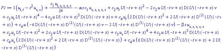 I*(diff(diff(u(x, t), t), t)-s^2*(diff(diff(u(x, t), x), x)))+(1/24)*c[1]*(diff(diff(diff(diff(diff(u(x, t), t), x), x), x), x))-alpha*s*c[1]*(diff(diff(diff(diff(diff(u(x, t), x), x), x), x), x))+c[2]*(diff(u(x, t), t))*U(-t*v+x)^2-2*c[2]*u(x, t)*U(-t*v+x)*(D(U))(-t*v+x)*v+c[3]*(diff(u(x, t), t))*U(-t*v+x)^4-4*c[3]*u(x, t)*U(-t*v+x)^3*(D(U))(-t*v+x)*v+c[4]*(diff(u(x, t), t))*(2*(D(U))(-t*v+x)^2+2*U(-t*v+x)*((D@@2)(U))(-t*v+x))+c[4]*u(x, t)*(-6*(D(U))(-t*v+x)*((D@@2)(U))(-t*v+x)*v-2*U(-t*v+x)*((D@@3)(U))(-t*v+x)*v)-beta*s*(diff(diff(diff(diff(diff(u(x, t), x), x), x), x), x))+c[2]*(diff(u(x, t), x))*U(-t*v+x)^2+2*c[2]*u(x, t)*U(-t*v+x)*(D(U))(-t*v+x)+c[3]*(diff(u(x, t), x))*U(-t*v+x)^4+4*c[3]*u(x, t)*U(-t*v+x)^3*(D(U))(-t*v+x)+c[4]*(diff(u(x, t), x))*(2*(D(U))(-t*v+x)^2+2*U(-t*v+x)*((D@@2)(U))(-t*v+x))+c[4]*u(x, t)*(6*(D(U))(-t*v+x)*((D@@2)(U))(-t*v+x)+2*U(-t*v+x)*((D@@3)(U))(-t*v+x))