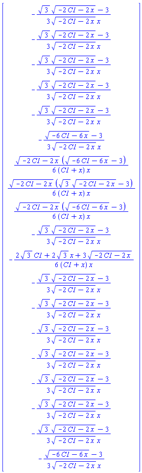 Vector(19, {(1) = -(1/3)*(sqrt(3)*sqrt(-2*C1-2*x)-3)/(sqrt(-2*C1-2*x)*x), (2) = -(1/3)*(sqrt(3)*sqrt(-2*C1-2*x)-3)/(sqrt(-2*C1-2*x)*x), (3) = -(1/3)*(sqrt(3)*sqrt(-2*C1-2*x)-3)/(sqrt(-2*C1-2*x)*x), (4) = -(1/3)*(sqrt(3)*sqrt(-2*C1-2*x)-3)/(sqrt(-2*C1-2*x)*x), (5) = -(1/3)*(sqrt(3)*sqrt(-2*C1-2*x)-3)/(sqrt(-2*C1-2*x)*x), (6) = -(1/3)*(sqrt(-6*C1-6*x)-3)/(sqrt(-2*C1-2*x)*x), (7) = (1/6)*sqrt(-2*C1-2*x)*(sqrt(-6*C1-6*x)-3)/((C1+x)*x), (8) = (1/6)*sqrt(-2*C1-2*x)*(sqrt(3)*sqrt(-2*C1-2*x)-3)/((C1+x)*x), (9) = (1/6)*sqrt(-2*C1-2*x)*(sqrt(-6*C1-6*x)-3)/((C1+x)*x), (10) = -(1/3)*(sqrt(3)*sqrt(-2*C1-2*x)-3)/(sqrt(-2*C1-2*x)*x), (11) = -(1/6)*(2*sqrt(3)*C1+2*sqrt(3)*x+3*sqrt(-2*C1-2*x))/((C1+x)*x), (12) = -(1/3)*(sqrt(3)*sqrt(-2*C1-2*x)-3)/(sqrt(-2*C1-2*x)*x), (13) = -(1/3)*(sqrt(3)*sqrt(-2*C1-2*x)-3)/(sqrt(-2*C1-2*x)*x), (14) = -(1/3)*(sqrt(3)*sqrt(-2*C1-2*x)-3)/(sqrt(-2*C1-2*x)*x), (15) = -(1/3)*(sqrt(3)*sqrt(-2*C1-2*x)-3)/(sqrt(-2*C1-2*x)*x), (16) = -(1/3)*(sqrt(3)*sqrt(-2*C1-2*x)-3)/(sqrt(-2*C1-2*x)*x), (17) = -(1/3)*(sqrt(3)*sqrt(-2*C1-2*x)-3)/(sqrt(-2*C1-2*x)*x), (18) = -(1/3)*(sqrt(3)*sqrt(-2*C1-2*x)-3)/(sqrt(-2*C1-2*x)*x), (19) = -(1/3)*(sqrt(-6*C1-6*x)-3)/(sqrt(-2*C1-2*x)*x)})