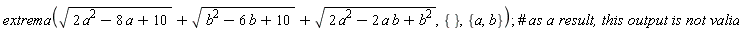 extrema(sqrt(2*a^2-8*a+10)+sqrt(b^2-6*b+10)+sqrt(2*a^2-2*a*b+b^2), {}, {a, b})