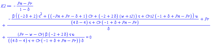 -(Pn-Pr)/(1-delta)+(-beta*((-2*delta+2)*tau^2+((-Pn+Pr-delta+1)*Cr+(-2+2*delta)*(w+i2))*tau+Cr*i2*(-1+delta+Pn-Pr))*upsilon/((4*delta-4)*tau+Cr*(-1+delta+Pn-Pr))+Pr)/delta+(Pr-w-Cr)*beta*(-2+2*delta)*tau*upsilon/(((4*delta-4)*tau+Cr*(-1+delta+Pn-Pr))*delta) = 0