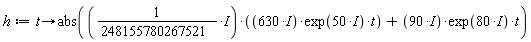 h := proc (t) options operator, arrow; abs(-(10/3938980639167)*exp(50*I)*t+(90*I)*exp(80*I)*t) end proc