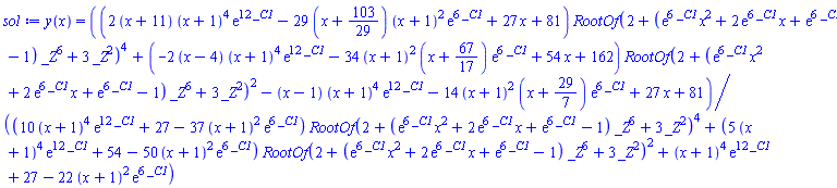 y(x) = ((2*(x+11)*(x+1)^4*exp(12*_C1)-29*(x+103/29)*(x+1)^2*exp(6*_C1)+27*x+81)*RootOf(2+(exp(6*_C1)*x^2+2*exp(6*_C1)*x+exp(6*_C1)-1)*_Z^6+3*_Z^2)^4+(-2*(x-4)*(x+1)^4*exp(12*_C1)-34*(x+1)^2*(x+67/17)*exp(6*_C1)+54*x+162)*RootOf(2+(exp(6*_C1)*x^2+2*exp(6*_C1)*x+exp(6*_C1)-1)*_Z^6+3*_Z^2)^2-(x-1)*(x+1)^4*exp(12*_C1)-14*(x+1)^2*(x+29/7)*exp(6*_C1)+27*x+81)/((10*(x+1)^4*exp(12*_C1)+27-37*(x+1)^2*exp(6*_C1))*RootOf(2+(exp(6*_C1)*x^2+2*exp(6*_C1)*x+exp(6*_C1)-1)*_Z^6+3*_Z^2)^4+(5*(x+1)^4*exp(12*_C1)+54-50*(x+1)^2*exp(6*_C1))*RootOf(2+(exp(6*_C1)*x^2+2*exp(6*_C1)*x+exp(6*_C1)-1)*_Z^6+3*_Z^2)^2+(x+1)^4*exp(12*_C1)+27-22*(x+1)^2*exp(6*_C1))