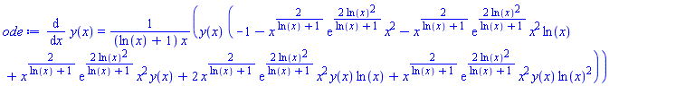 diff(y(x), x) = y(x)*(-1-x^(2/(ln(x)+1))*exp(2*ln(x)^2/(ln(x)+1))*x^2-x^(2/(ln(x)+1))*exp(2*ln(x)^2/(ln(x)+1))*x^2*ln(x)+x^(2/(ln(x)+1))*exp(2*ln(x)^2/(ln(x)+1))*x^2*y(x)+2*x^(2/(ln(x)+1))*exp(2*ln(x)^2/(ln(x)+1))*x^2*y(x)*ln(x)+x^(2/(ln(x)+1))*exp(2*ln(x)^2/(ln(x)+1))*x^2*y(x)*ln(x)^2)/((ln(x)+1)*x)