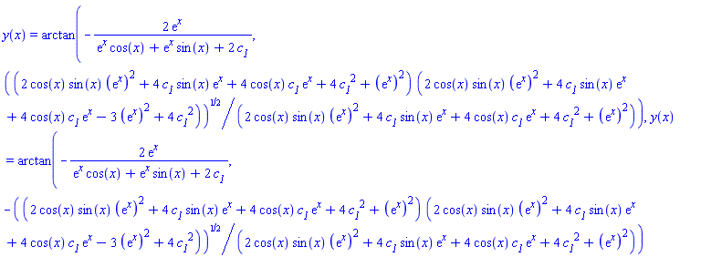 y(x) = arctan(-2*exp(x)/(exp(x)*cos(x)+exp(x)*sin(x)+2*c__1), ((2*cos(x)*sin(x)*(exp(x))^2+4*c__1*sin(x)*exp(x)+4*cos(x)*c__1*exp(x)+4*c__1^2+(exp(x))^2)*(2*cos(x)*sin(x)*(exp(x))^2+4*c__1*sin(x)*exp(x)+4*cos(x)*c__1*exp(x)-3*(exp(x))^2+4*c__1^2))^(1/2)/(2*cos(x)*sin(x)*(exp(x))^2+4*c__1*sin(x)*exp(x)+4*cos(x)*c__1*exp(x)+4*c__1^2+(exp(x))^2)), y(x) = arctan(-2*exp(x)/(exp(x)*cos(x)+exp(x)*sin(x)+2*c__1), -((2*cos(x)*sin(x)*(exp(x))^2+4*c__1*sin(x)*exp(x)+4*cos(x)*c__1*exp(x)+4*c__1^2+(exp(x))^2)*(2*cos(x)*sin(x)*(exp(x))^2+4*c__1*sin(x)*exp(x)+4*cos(x)*c__1*exp(x)-3*(exp(x))^2+4*c__1^2))^(1/2)/(2*cos(x)*sin(x)*(exp(x))^2+4*c__1*sin(x)*exp(x)+4*cos(x)*c__1*exp(x)+4*c__1^2+(exp(x))^2))
