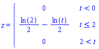 z = piecewise(t < 0, 0, t <= 2, (1/2)*ln(2)-(1/2)*ln(t), 2 < t, 0)