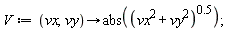V := proc (vx, vy) options operator, arrow; abs((vx^2+vy^2)^.5) end proc