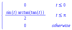 piecewise(t <= 0, 0, t <= Pi, (1/2)*arctan(tan(t))*sin(t), 0)