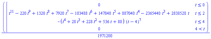 (1/1971200)*piecewise(t <= 0, 0, t <= 2, t^11-220*t^9+1320*t^8+7920*t^7-103488*t^6+147840*t^5+887040*t^4-2365440*t^3+2838528*t, t <= 4, -(t^4+28*t^3+228*t^2+536*t+80)*(t-4)^7, 4 < t, 0)