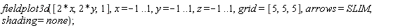 fieldplot3d([2*x, 2*y, 1], x = -1 .. 1, y = -1 .. 1, z = -1 .. 1, grid = [5, 5, 5], arrows = SLIM, shading = none);