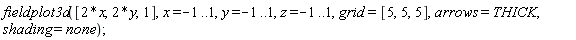 fieldplot3d([2*x, 2*y, 1], x = -1 .. 1, y = -1 .. 1, z = -1 .. 1, grid = [5, 5, 5], arrows = THICK, shading = none);