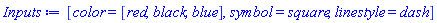 [color = [red, black, blue], symbol = square, linestyle = dash]