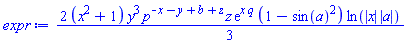 (2/3)*(x^2+1)*y^3*p^(-x-y+b+z)*z*exp(x*q)*(1-sin(a)^2)*ln(abs(x)*abs(a))