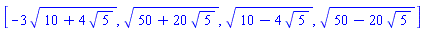 [-3*(10+4*5^(1/2))^(1/2), (50+20*5^(1/2))^(1/2), (10-4*5^(1/2))^(1/2), (50-20*5^(1/2))^(1/2)]