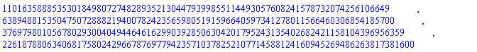 110163588853530184980727482893521304479399855114493057608241578732074256106649, 6389488153504750728882194007824235659805191596640597341278011566460306854185700, 376979801056780293004049446461629903928506304201795243135402682421158104396956359, 22618788063406817580242966787697794235710378252107714588124160945269486263817381600