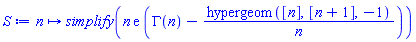 proc (n) options operator, arrow; simplify(n*exp(1)*(GAMMA(n)-hypergeom([n], [n+1], -1)/n)) end proc