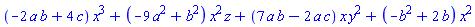 (-2*a*b+4*c)*x^3+(-9*a^2+b^2)*x^2*z+(7*a*b-2*a*c)*x*y^2+(-b^2+2*b)*x^2