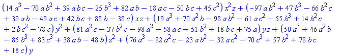 (14*a^3-70*a*b^2+39*a*b*c-25*b^3+82*a*b-18*a*c-50*b*c+45*c^2)*x^2*z+(-97*a*b^2+47*b^3-66*b^2*c+39*a*b-49*a*c+42*b*c+88*b-38*c)*x*z+(19*a^3+70*a^2*b-98*a*b^2-61*a*c^2-55*b^3+14*b^2*c+2*b*c^2-78*c)*y^2+(81*a^2*c-37*b^2*c-98*a^2-58*a*c+51*b^2+18*b*c+75*a)*y*z+(50*a^3+46*a^2*b-85*b^3+83*c^3+38*a*b-48*b)*z^2+(76*a^3-82*a^2*c-23*a*b^2-32*a*c^2-70*c^3+57*b^2+78*b*c+18*c)*y