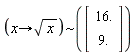 `~`[proc (x) options operator, arrow; sqrt(x) end proc](Vector(2, {(1) = 16., (2) = 9.}))