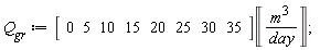 Q__gr := Typesetting[delayDotProduct](Vector[row](8, {(1) = 0, (2) = 5, (3) = 10, (4) = 15, (5) = 20, (6) = 25, (7) = 30, (8) = 35}), Unit('m'^3/'day'), true)