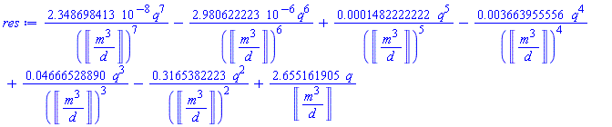 0.2348698413e-7*q^7/Units:-Unit(m^3/d)^7-0.2980622223e-5*q^6/Units:-Unit(m^3/d)^6+0.1482222222e-3*q^5/Units:-Unit(m^3/d)^5-0.3663955556e-2*q^4/Units:-Unit(m^3/d)^4+0.4666528890e-1*q^3/Units:-Unit(m^3/d)^3-.3165382223*q^2/Units:-Unit(m^3/d)^2+2.655161905*q/Units:-Unit(m^3/d)