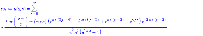 u(x, y) = Sum(-8*sin((1/2)*n*Pi)*sin(Pi*x*n)*(exp(Pi*n*(3*y-4))-exp(Pi*n*(3*y-2))+exp(Pi*n*(y-2))-exp(Pi*y*n))*exp(-2*Pi*n*(y-2))/(Pi^2*n^2*(exp(4*n*Pi)-1)), n = 0 .. infinity)