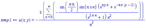 u(x, y) = -8*(Sum(-sin((1/2)*n*Pi)*sin(Pi*x*n)*(exp(Pi*y*n)+exp(-Pi*n*(y-2)))/((exp(2*n*Pi)+1)*n^2), n = 0 .. infinity))/Pi^2