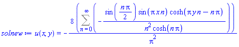 u(x, y) = -8*(Sum(-sin((1/2)*n*Pi)*sin(Pi*x*n)*cosh(Pi*n*y-Pi*n)/(n^2*cosh(n*Pi)), n = 0 .. infinity))/Pi^2