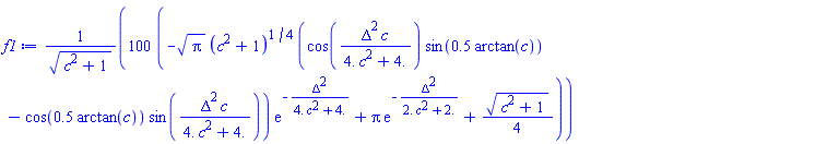 100*(-Pi^(1/2)*(c^2+1)^(1/4)*(cos(Delta^2*c/(4.*c^2+4.))*sin(.5*arctan(c))-cos(.5*arctan(c))*sin(Delta^2*c/(4.*c^2+4.)))*exp(-Delta^2/(4.*c^2+4.))+Pi*exp(-Delta^2/(2.*c^2+2.))+(1/4)*(c^2+1)^(1/2))/(c^2+1)^(1/2)