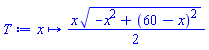 proc (x) options operator, arrow; (1/2)*x*(-x^2+(60-x)^2)^(1/2) end proc