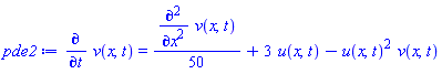 diff(v(x, t), t) = (1/50)*(diff(diff(v(x, t), x), x))+3*u(x, t)-u(x, t)^2*v(x, t)